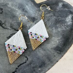 White and Gold Seed Bead Earrings Handwoven Beaded Earrings Gift for Her